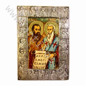 Икона на "Св.Св. Кирил и Методий" в рамка от цялостно посребрен черепишки обков.